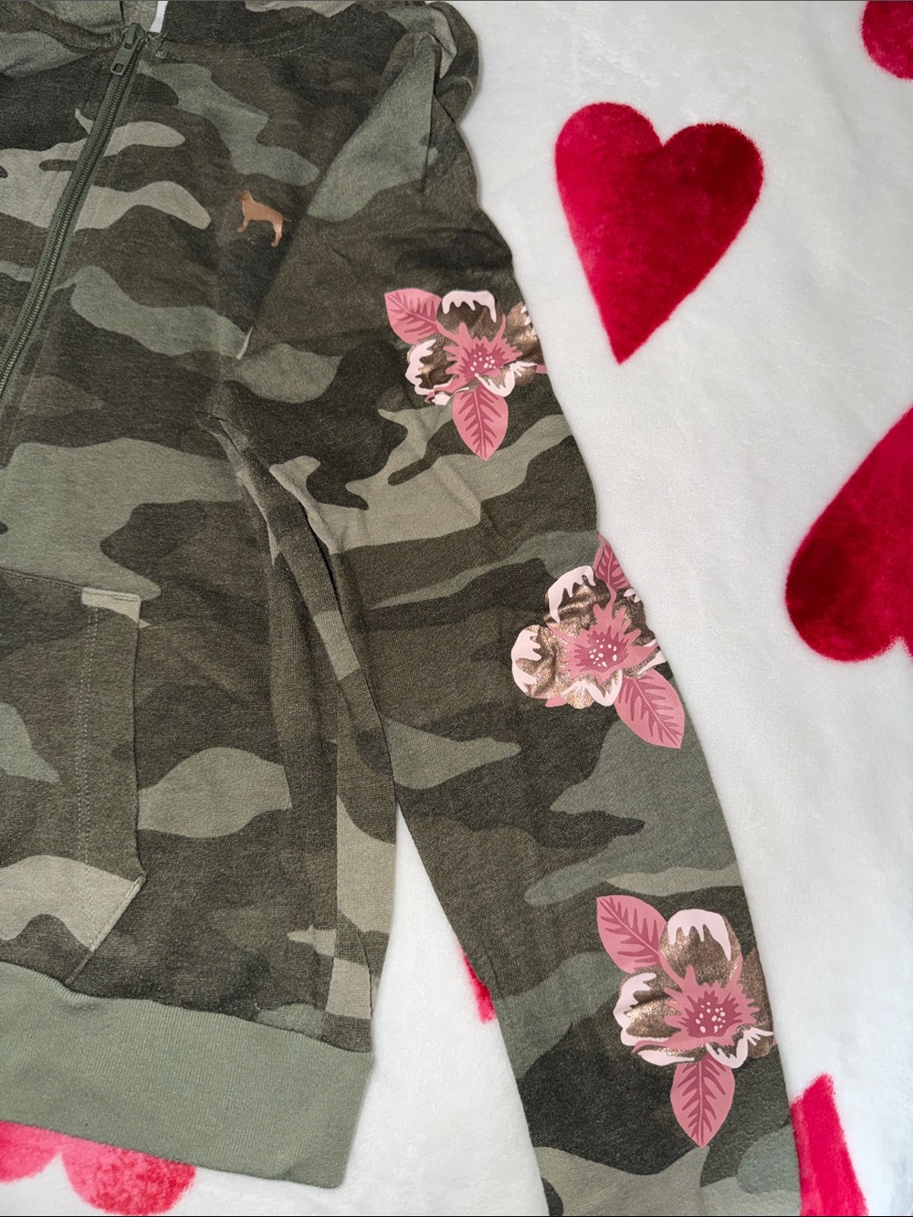 PINK Victoria's Secret Camouflage Zip-Up Hoodie with Pink Floral Accents - Green - Picture 5 of 6